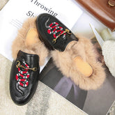 Lässige Schnalle Pelz Stickerei Pantoletten Hausschuhe Schuhe